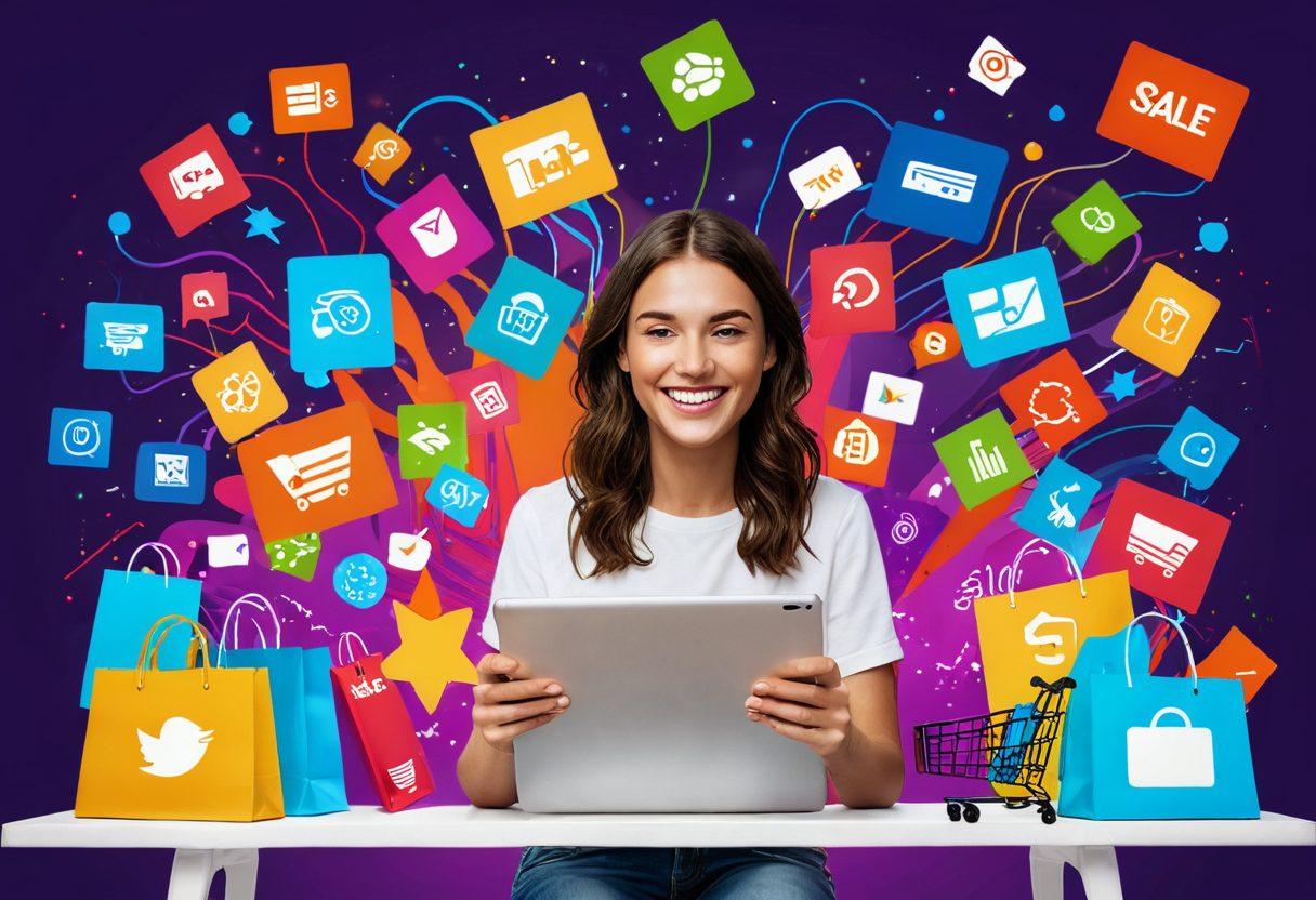 A digital scene depicting a cheerful shopper exploring a vibrant online marketplace, surrounded by colorful icons representing discounts and bargains. Elements like shopping carts, price tags, and a glowing 'sale' sign floating in the background enhance the sense of discovery and excitement. The shopper is engaging with a tablet, smiling at the deals, while abstract waves of connectivity symbolize the online world. cartoon style. vibrant colors. white background.