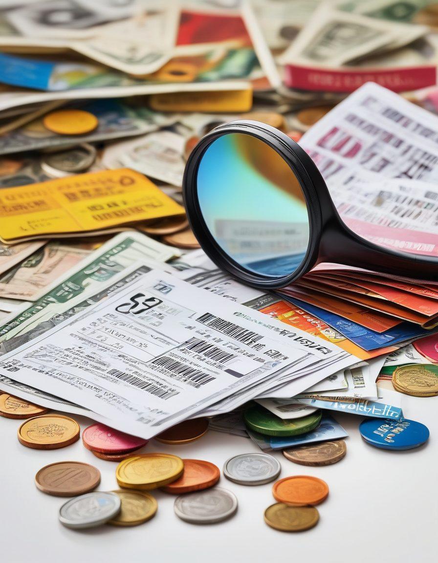 An open wallet bursting with colorful coupons, discount tags, and shiny coins, set against a bustling marketplace backdrop filled with vibrant sale signs. A savvy shopper with a magnifying glass is examining a price tag, smiling with excitement. Bright, eye-catching colors to evoke a sense of discovery and savings. super-realistic. vibrant colors. white background.