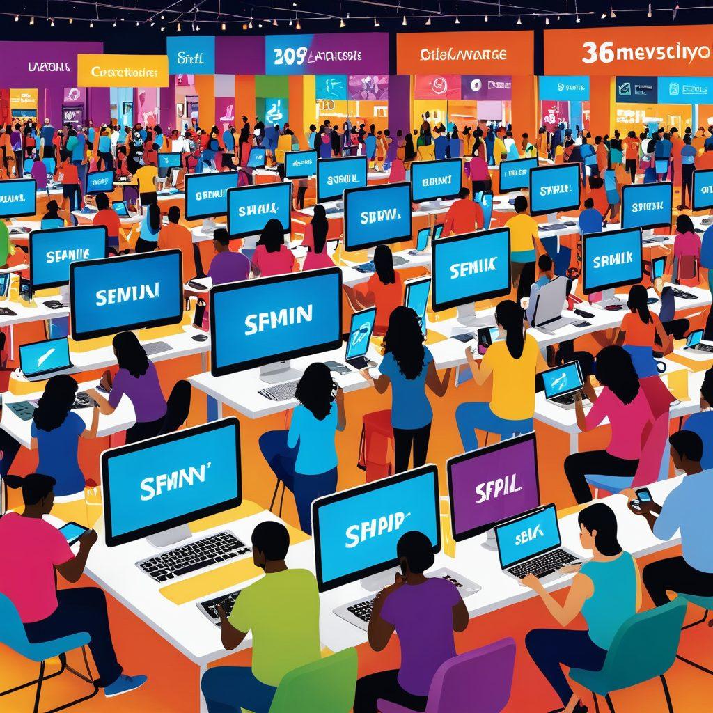 A dynamic scene showcasing a diverse group of consumers using various digital devices, such as smartphones and laptops, while engaged in online shopping. In the background, a virtual marketplace with colorful product icons and digital price tags is visible, symbolizing the digital ecosystem. Include vibrant colors and playful elements representing smart consumer choices. Focus on expressions of excitement and empowerment among the consumers. super-realistic. vibrant colors. digital art.